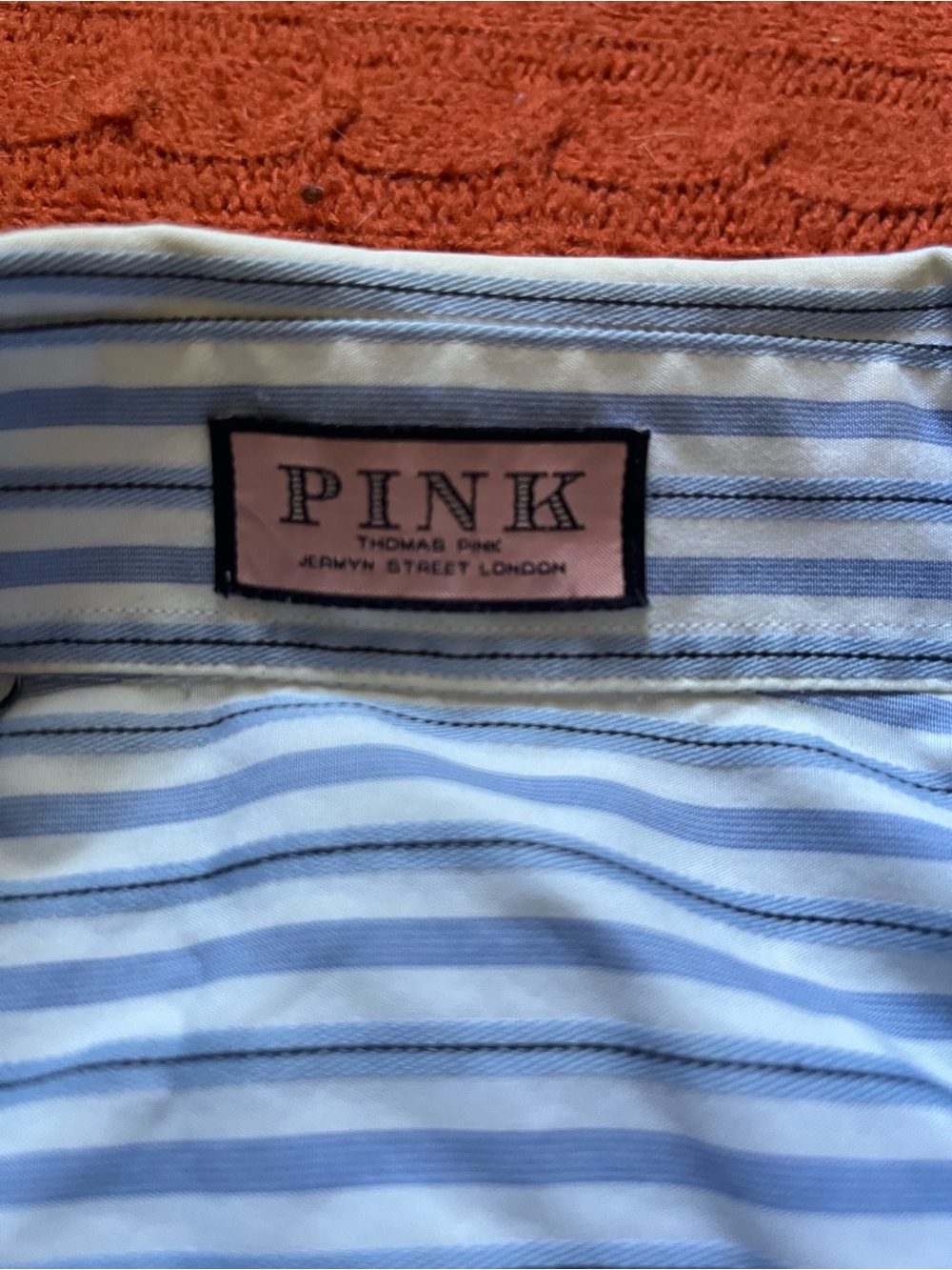 Thomas Pink women’s button-down shirt with blue and white stripes, Size 14